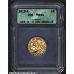 1915-S $5 MS61 ICG. A very scarce coin in all grades, and one of the rarest in the entire series of.