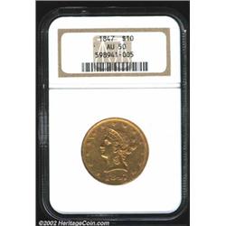 1847 $10 AU50 NGC. A bright and sharply detailed example. A tiny scratch between stars 4 and 5 is th