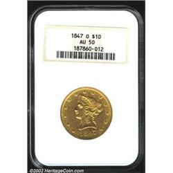 1847-O $10 AU50 NGC. A pleasing example that has bold devices and ample traces of bright mint luster