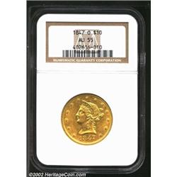 1847-O $10 AU55 NGC. Sharply struck except for the shield and arrow feathers. A short pinscratch in.