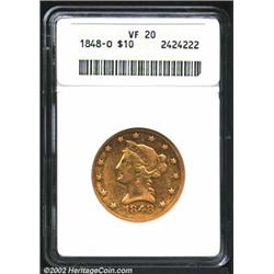 1848-O $10 VF20 ANACS. A well worn but unimpaired example that lacks any heavy abrasions. A low mint
