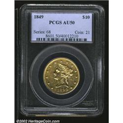 1849 $10 AU50 PCGS. Breen-6886, "rare." The date is repunched, with traces of the former date visibl