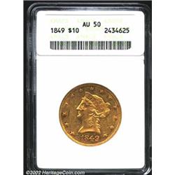 1849 $10 AU50 ANACS. The base of the 1 in the date is sharply repunched north. Intermittent golden-b