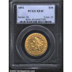 1851 $10 XF45 PCGS. The luster is considerable for the grade, although the fields have a few minor a