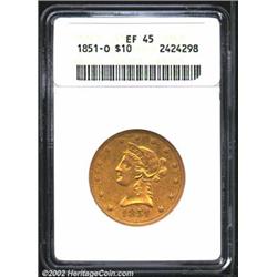 1851-O $10 XF45 ANACS. A problem-free Liberty Eagle with yellow-green surfaces that are only lightly