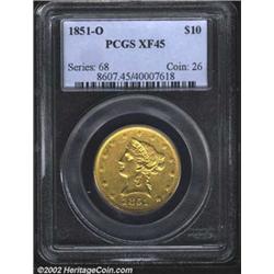 1851-O $10 XF45 PCGS. Hints of prooflike luster glimmer from protected areas of the design. The star
