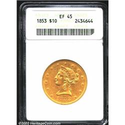 1853 $10 XF45 ANACS. A moderately abraded representative, with bright luster at the borders and a co