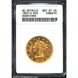 1853-O $10--Scratched--ANACS. AU Details, Net XF45. A faint vertical pinscratch on the cheek of Libe