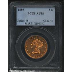 1859 $10 AU58 PCGS. Rich orange-gold color. Well struck on the major devices, although most of the d