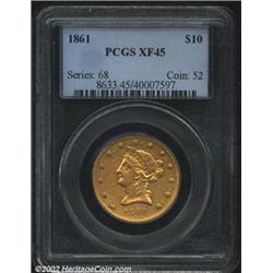 1861 $10 XF45 PCGS. Rounded central bun variety. A bold example, but the surfaces are faintly granul