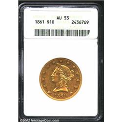 1861 $10 AU53 ANACS. Ample prooflike luster outlines the stars, legends, and devices. The portrait a