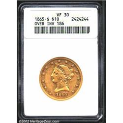 1865-S $10 865 Over Inverted 186 VF30 ANACS. Evenly and noticeably worn over the devices, with smoot