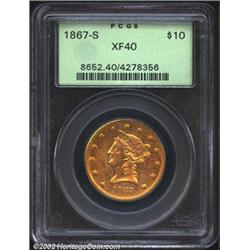 1867-S $10 XF40 PCGS. One of the many unsung rarities of the Liberty Eagle series, the 1867-S is ext
