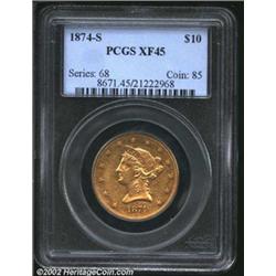 1874-S $10 XF45 PCGS. A pleasing Choice XF example of this popular and scarce S-mint Ten. Typically.