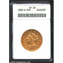 1876-S $10 VF20 ANACS. A thoroughly circulated example of this rare and desirable issue. A scratch i