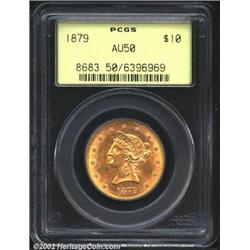 1879 $10 AU50 PCGS. A well struck coin that has the usual number of minor luster grazes in the field