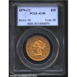 1879-CC $10 AU50 PCGS. Winter 1-A, the only known dies. The 1879-CC is currently unknown in Mint Sta