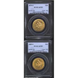 1879-S $10 AU55 PCGS, lustrous at the margins with a bold and lightly abraded appearance, the mintma
