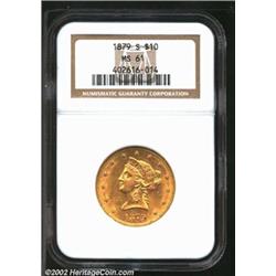1879-S $10 MS61 NGC. A sharply struck Eagle that has abundant bright luster. The date has traces of.