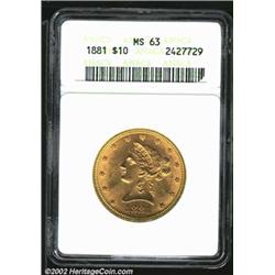 1881 $10 MS63 ANACS. Well struck and lustrous with an especially clean reverse. The cheek has good e