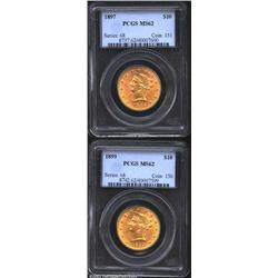 1897 $10 MS62 PCGS, well struck with pleasing luster and the usual minor luster grazes; and an 1899.