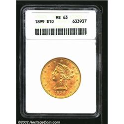 1899 $10 MS63 ANACS. Well struck and lustrous. There is a curved scratch in the field below the chin