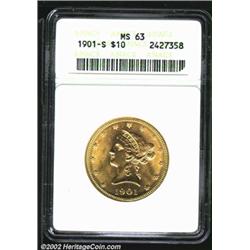 1901-S $10 MS63 ANACS. The second 1 in the date has a small spike (as made) from the right side of t