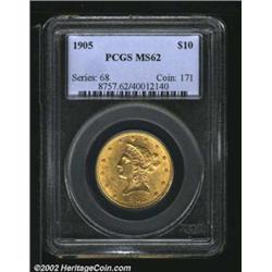 1905 $10 MS62 PCGS. A lustrous and well struck late-date Eagle that has good eye appeal for this gen