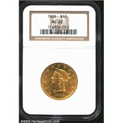 1905 $10 MS63 NGC. A flashy yellow-green representative with a bold strike and no serious abrasions.