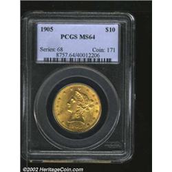 1905 $10 MS64 PCGS. Certainly far from rare in lower grades, the 1905 Eagle, with 201,078 pieces min