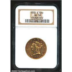 1905-S $10 AU58 NGC. Mint State examples are quite scarce. This coin, while definitely circulated, r
