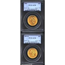 1906 $10 AU58 PCGS, well struck with lemon-gold color and refreshingly unabraded surfaces, the luste