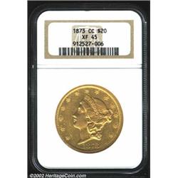 1873-CC $20 XF45 NGC. A pleasing example that has nice details and remaining luster for the grade. M