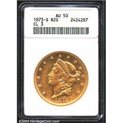 1873-S $20 Closed 3 AU50 ANACS. A bright and lustrous example with numerous minor abrasions from its