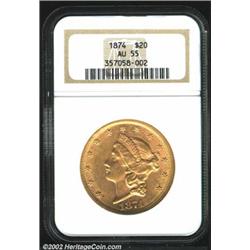 1874 $20 AU55 NGC. The borders have flashy luster. The Y in TWENTY is coated with sticky debris, but