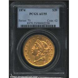 1874 $20 AU55 PCGS. A bold example that has pinkish luster within the portrait, while the borders ar