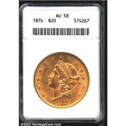 1874 $20 AU58 ANACS. Lustrous for the grade, and well struck except for the commonly seen softness o