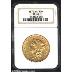 1874-CC $20 XF40 NGC. Bright luster develops each obverse star individually, and sweeps across the r