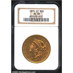 1874-CC $20 AU58 NGC. This mostly frosty example is overlaid in thickly set, orange-gold color. The.