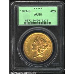 1874-S $20 AU50 PCGS. A briefly circulated example that has especially extensive luster on the rever