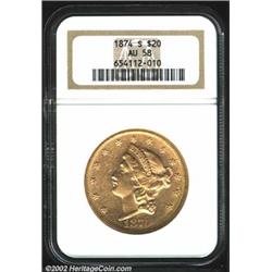 1874-S $20 AU58 NGC. A bright but moderately abraded representative of this more available issue. Th