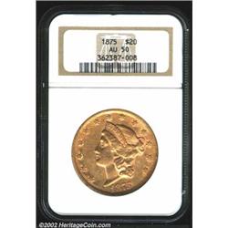 1875 $20 AU50 NGC. Less abraded than usually found, while the devices and legends have ample luster.