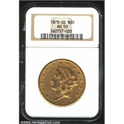 1875-CC $20 AU50 NGC. A pleasing example that has a reasonable strike and only modestly abraded surf