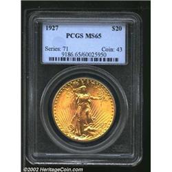 1927 $20 MS65 PCGS. Rich, golden surfaces with brilliant, blazing luster and excellent eye appeal. V