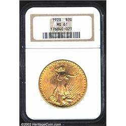 1928 $20 MS61 NGC. Nicely struck and lustrous. Each of the devices has a noticeable contact mark, bu