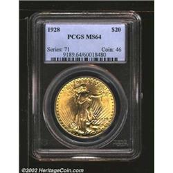 1928 $20 MS64 PCGS. Rich golden surfaces with deep, brilliant luster throughout. Excellent strike. M