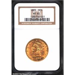 1883 $10 MS62 NGC. The obverse border has deep blushes of golden-brown color. Well struck and flashy