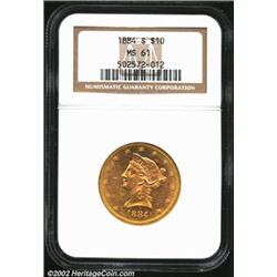 1884-S $10 MS61 NGC. A well struck piece that has moderately abraded surfaces and extensive yellow-g