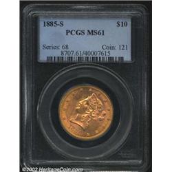 1885-S $10 MS61 PCGS. A lustrous coin with pleasing surfaces aside from a small contact mark within.