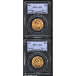 1893 $10 MS62 PCGS, a lustrous example with an occasional hint of golden-brown color; and an 1894 MS